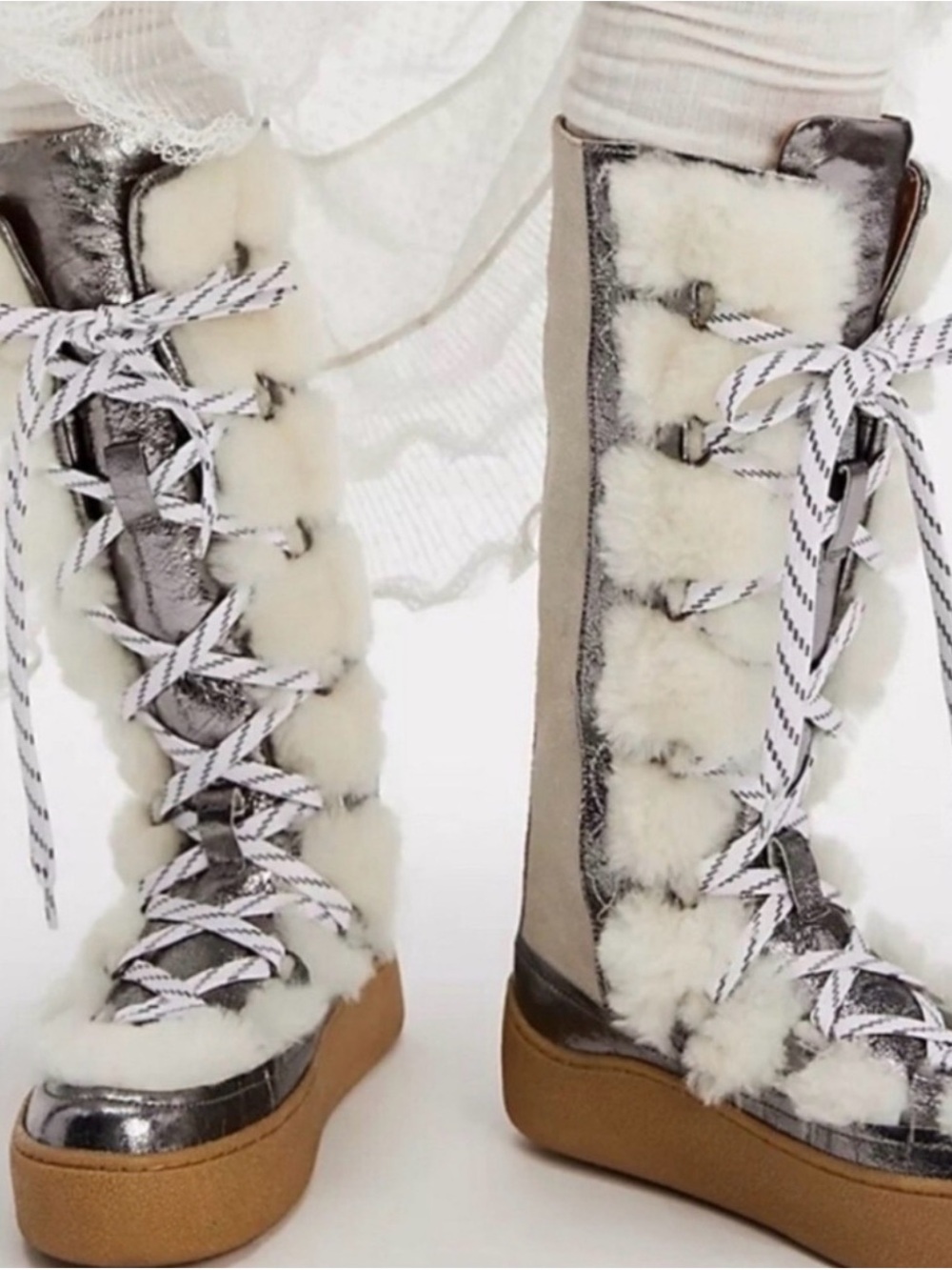 Free People Metallic Silver Lace-Up Fur-Trim Platform Winter Boots